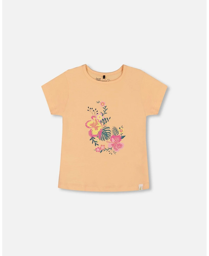 Deux par Big Girls Organic Cotton Tee Light Orange And Flowers