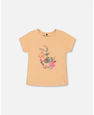 Deux par Big Girls Organic Cotton Tee Light Orange And Flowers