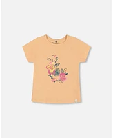 Deux par Big Girls Organic Cotton Tee Light Orange And Flowers