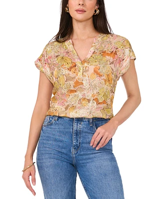 Vince Camuto Women's Floral Metallic Split-Neck Cap-Sleeve Top