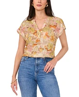 Vince Camuto Women's Floral Metallic Split-Neck Cap-Sleeve Top