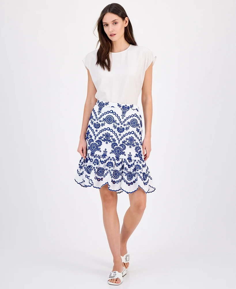 Anne Klein Women's Cotton Eyelet Scallop-Hem Skirt
