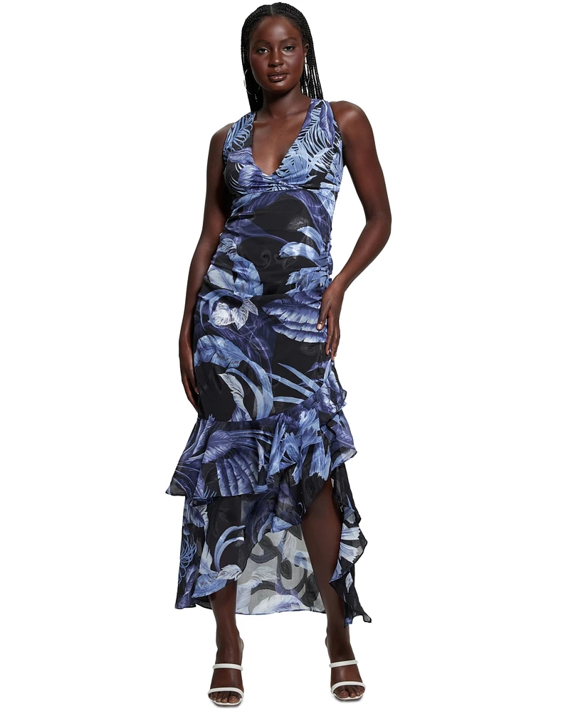 Guess Women's Ava Printed Mesh Ruffled Maxi Dress