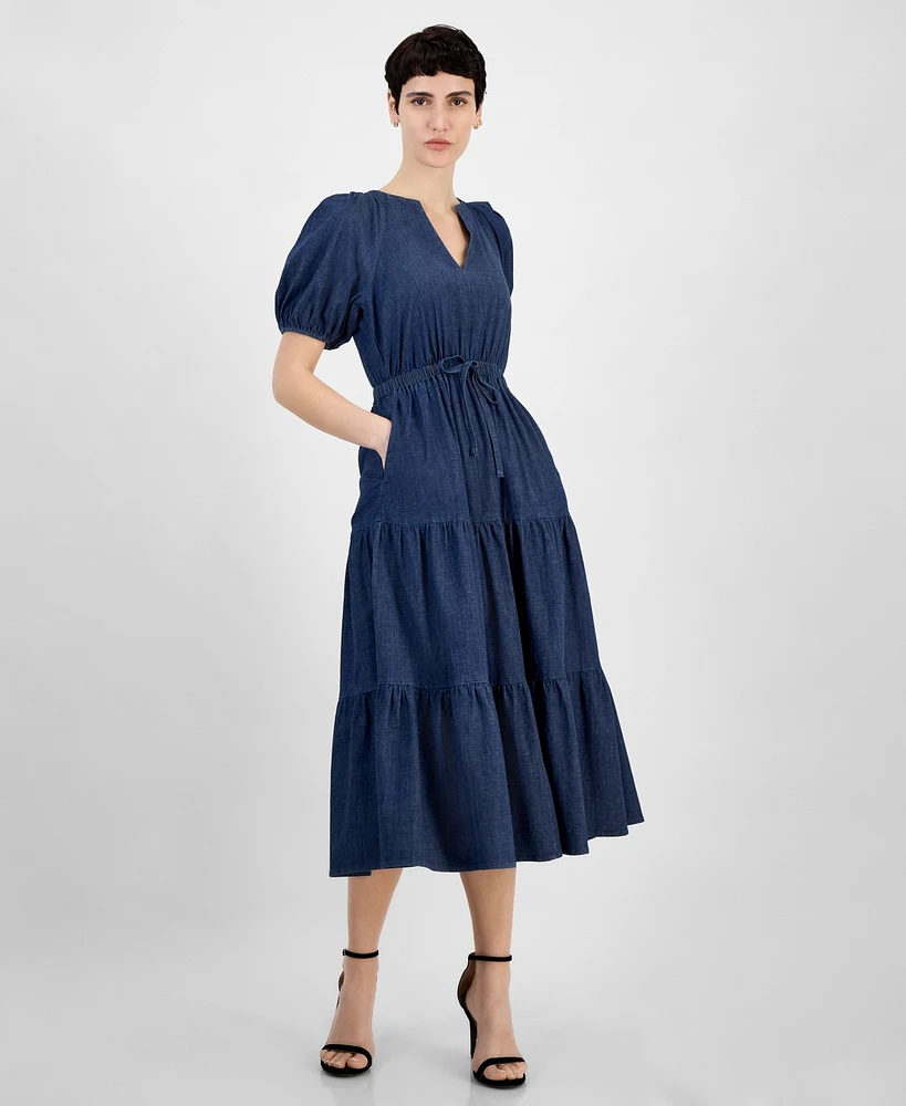 Anne Klein Women's Split-Neck Puff-Sleeve Denim Midi Dress