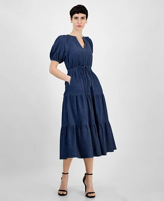 Anne Klein Women's Split-Neck Puff-Sleeve Denim Midi Dress