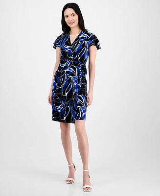 Anne Klein Women's Faux-Wrap Flutter-Sleeve Print Dress