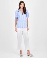 Anne Klein Women's Cotton Poplin Striped Puff-Sleeve Blouse