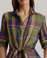 Lauren Ralph Petite Plaid Tie-Front Linen Shirtdress