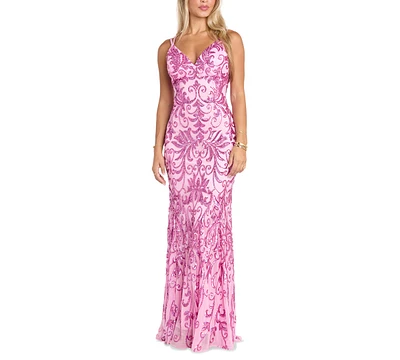 Morgan & Company Women's Strappy V-Neck Sequined Gown