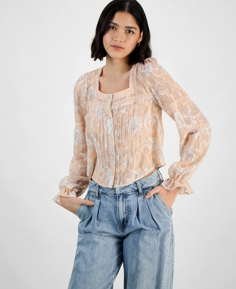 And Now This Women's Pleated Lace-Trim Floral-Print Blouse, Exclusively at Macy's