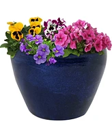 Large Ceramic Planter - Indoor or Outdoor Plant Pot with Drainage Holes - Imperial Blue Glaze Finish - 15" - Chalet