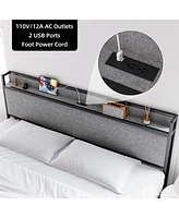 gaomon King Size Bed Frame with 2 Storage Drawers, Lined Fabric Upholstered Headboard with Charging Station