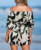 Cupshe Women's Black & White Tropical Off-Shoulder Wide Leg Romper