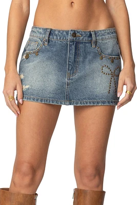 Edikted Womens Studded Bow Distressed Denim Mini Skirt