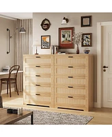 gaomon 5 Drawer Rattan Dresser for Bedroom, 47.27” Tall Dresser with Power Outlets, Wood Dresser Chest of Drawers with Metal Handles for Living