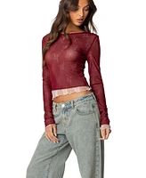 Edikted Women's Lacey Sheer Mesh Crew Neck Top