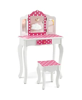 Gouun Kids Vanity Table and Stool Set with Cute Polka Dot Print