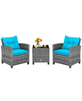 Gouun 3 Pieces Outdoor Wicker Conversation Set with Tempered Glass Tabletop
