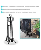 Sunnydaze Decor 4-Piece Fireplace Tool Set with Stand - Heavy-Duty Black Steel Poker, Shovel, Log Grabber and Broom
