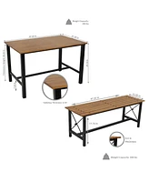 Indoor or Outdoor 3-Piece Dining Table Set - European Chestnut Patio Dining Table with Benches - 47.25-Inch x 15.25-Inch