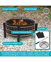 24.5-Inch Black Steel Wood-Burning Fire Pit with Copper-Colored Trapezoid Pattern - Includes Protective Pvc Cover