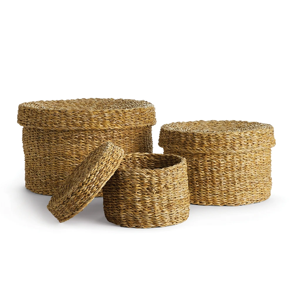 Seagrass Round Lidded Baskets, Set Of 3