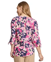 Jones New York Petite Split-Neck Tie-Cuff Floral-Print Top