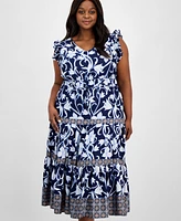 Anne Klein Plus Mixed-Print Tiered Maxi Dress