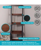 Indoor 4-Tier Leaning Ladder Shelf Bookcase - Acacia Wood - For Office, Living Room, or Bedroom - 59.75" H