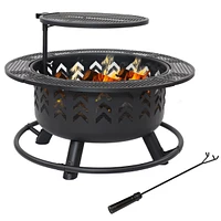 Arrow Motif 32.75-Inch Round Wood-Burning Fire Pit for Outside - Includes Cooking Grate and Cover - Black