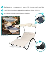 Outdoor Double Chaise Lounge with Canopy Shade and Headrest Pillows - Beige Fabric with Black Powder-Coated Frame