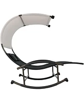 Outdoor Double Chaise Rocking Lounge Chair with Canopy and Headrest Pillows - Black and White with Powder-Coated Frame
