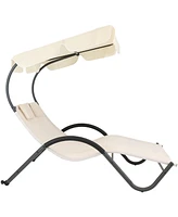 Outdoor Double Chaise Lounge with Canopy Shade and Headrest Pillows - Beige Fabric with Black Powder-Coated Frame