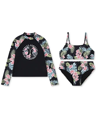 Hurley Big Girls 3-Pc. Rash Guard & Bikini Set