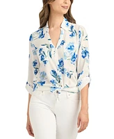 Bcx Juniors' Floral-Print Long-Sleeve Collared Shirt