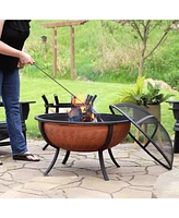 Sunnydaze Decor 32-Inch Steel Fire Pit Bowl - Includes Spark Screen, Wood Grate, and Poker - High-Temperature Copper Finish