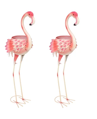 36-Inch Pink Flamingo Outdoor Statue with Flowerpot - Yard Art, Lawn and Garden Sculpture Decor - 5-Inch Planter - Set of 2