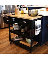 33.5-Inch W Mdf Rolling Kitchen Island Cart with Drawers and Shelves - Black