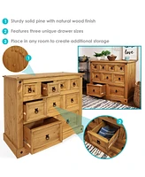 39.75-Inch W Solid Pine 9-Drawer Chest of Drawers - For Living or Dining Room - Light Brown
