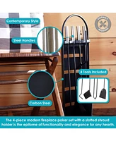 Sunnydaze Decor 4-Piece Fireplace Tool Set with Stand - Indoor Hearth Accessories and Slotted Shroud Holder