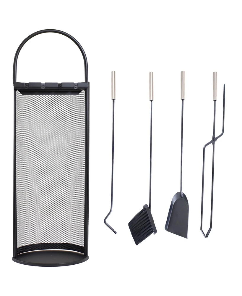 Sunnydaze Decor 4-Piece Fireplace Tool Set with Stand - Indoor Hearth Accessories and Mesh Shroud Holder