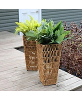 Sunnydaze Decor Hyacinth 11" Tall Square Outdoor Planter - Set of 2 Poly-Wicker Planters with Plastic Inlay Fog