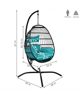 Dalia Resin Wicker Hanging Egg Chair with - Teal Polyester Cushions and Powder-Coated Steel Stand - 81 Inches H