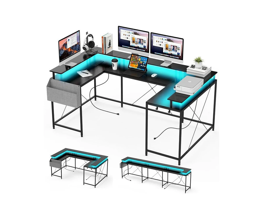 gaomon U Shaped Computer Gaming Desk with Power Outlets & Usb Ports, Led Strip and Monitor Stand