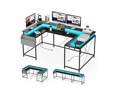 gaomon U Shaped Computer Gaming Desk with Power Outlets & Usb Ports, Led Strip and Monitor Stand