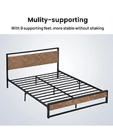 Slickblue Modern Industrial Metal Platform Bed Frame w/ Wood Headboard Footboard