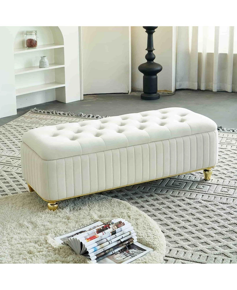 The Pop Home 47.24" W Velvet Storage Ottoman Bench with Gold Embroidery, Modern Footstool for Living Room & Bedroom-The