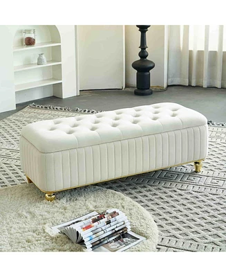 The Pop Home 47.24" W Velvet Storage Ottoman Bench with Gold Embroidery, Modern Footstool for Living Room & Bedroom-The