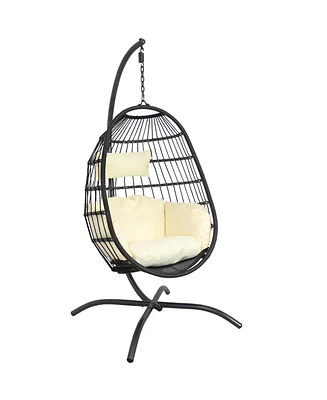 Penelope Hanging Egg Chair with Turquoise Seat Cushions and Steel Stand - Black Wicker 78-Inch