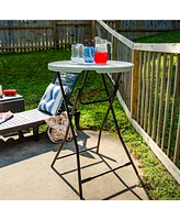Plastic Bar-Height Folding Table - Patio Bar-Height Table with Iron Legs and Plastic Top - 31.75" Diameter - Gray